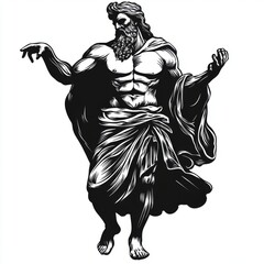 Fototapeta premium A black and white illustration of a Greek god with a beard, long hair, and a flowing robe.