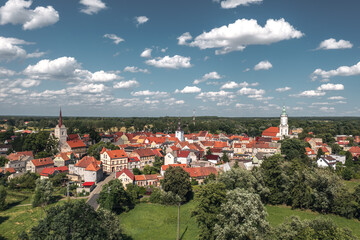 Summer aerial skyline cityscape of Nowe Miasteczko, Nowa Sól County, Lubusz (lubuskie). Wide panoramic view of the old town and market square (Rynek)