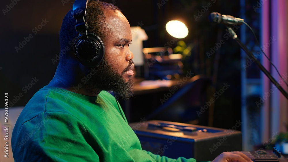Poster music composer plays electronic keyboard piano keys and recording new tracks, creating audio recordi