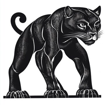 recommend clip art: A black panther, rendered in a woodcut style, stands on a white background, its muscles and fur detailed with intricate lines.