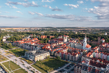 Summer aerial skyline cityscape of Głog&oacute;w, Lower Silesia (Dolny Śląsk). Wide panoramic view of the old town at sunset
