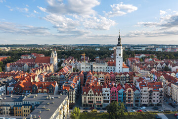 Summer aerial skyline cityscape of Głogów, Lower Silesia (Dolny Śląsk). Wide panoramic view of the old town at sunset