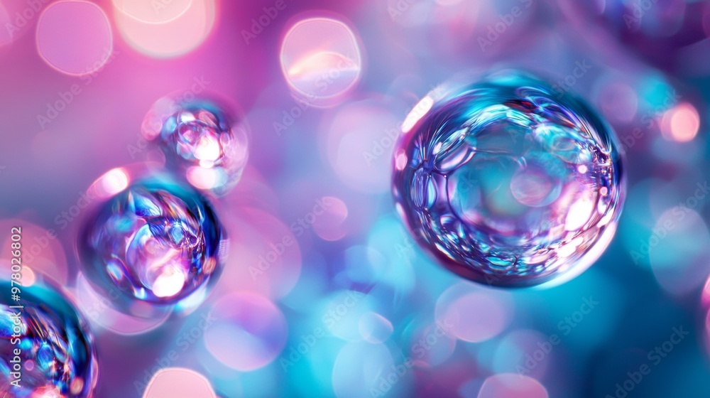 Poster abstract colorful soap bubbles floating in a dreamy background