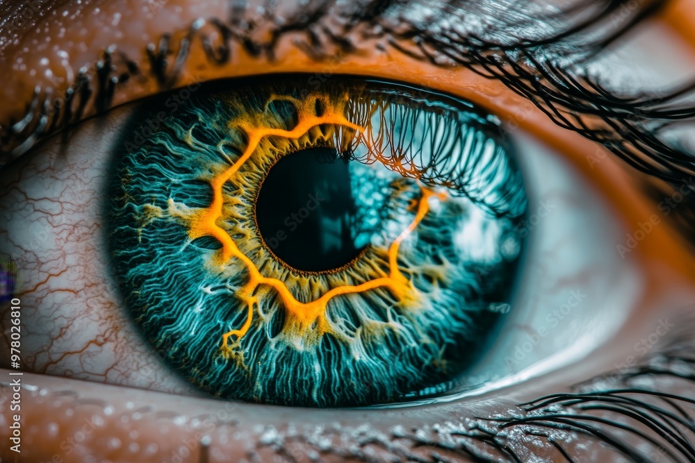 Poster vibrant blue green iris with electric orange fractal lines radiating outward symbolizing bioelectric
