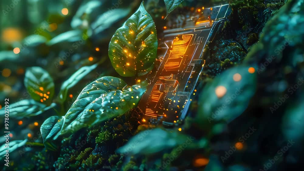 Poster green plants and grass on a computer board with microchips and microchips transistors and resistors.