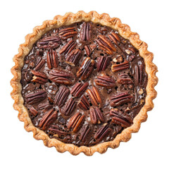 Freshly baked chocolate pecan pie with crust isolated on white background
