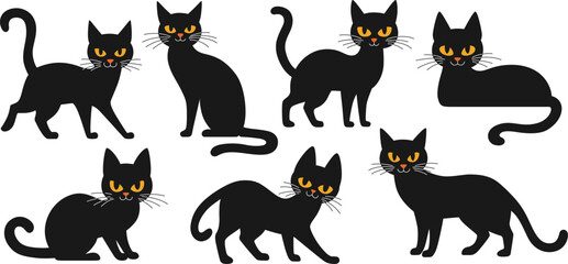 Vintage black cats silhouettes set for Halloween and other. Retro cat shapes isolated on white background.