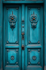 A turquoise vintage door with intricate carvings and metal accents