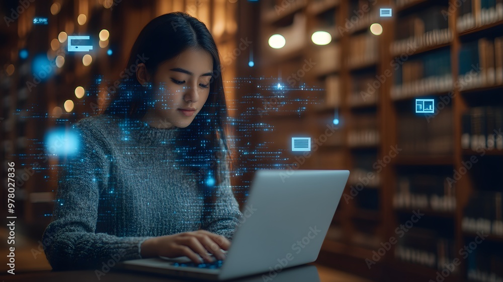 Poster woman working on a laptop in a dimly lit library with digital data and ai floating around her