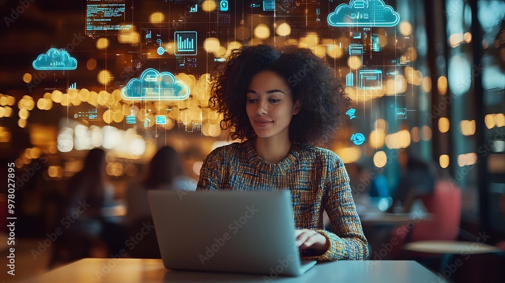 Poster woman working on a laptop in a café with holographic cloud computing icons and data analytics