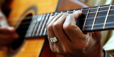 Fototapeta premium Sweet Serenade: A musician playing an acoustic guitar, their fingers dancing across the strings.