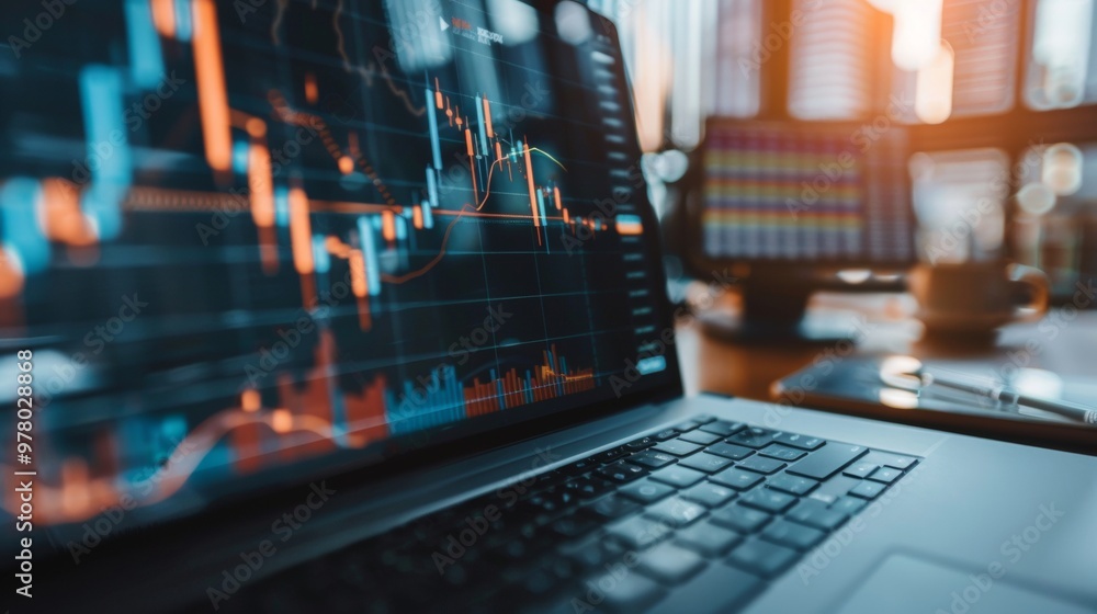 Poster laptop screen displaying stock market graphs and data for analysis