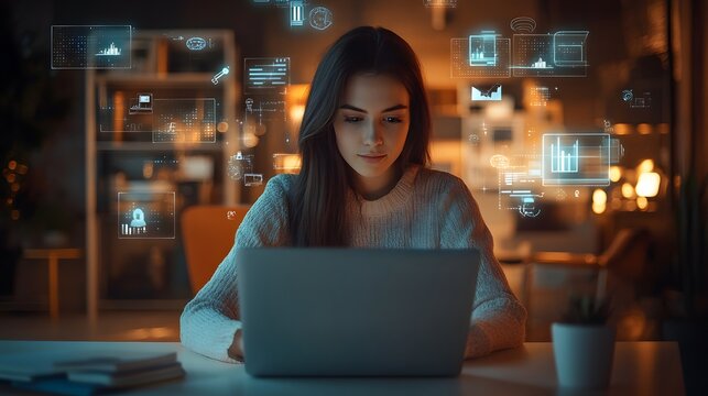 Woman using a laptop in a library with digital floating interface elements around her representing AI and data