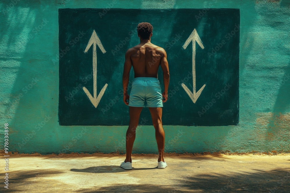 Aufkleber man in athletic shorts in front of a chalkboard with arrows pointing upward and downward symbolizing