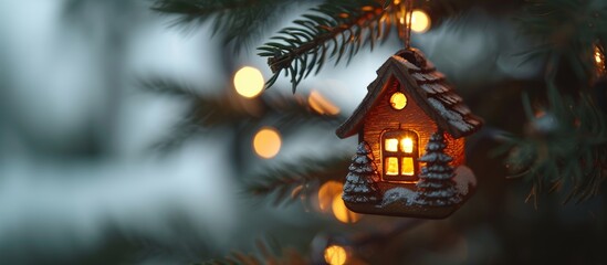 Close up of a glowing Christmas tree ornament in the shape of a toy house on a festive tree bokeh banner copy space