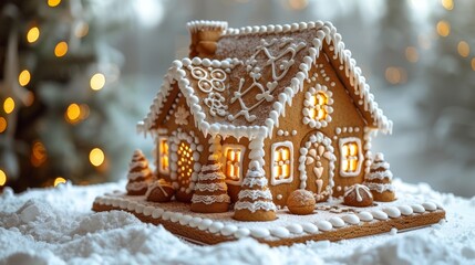 Close up of a gingerbread palace with glowing windows, adorned Christmas tree, and festive decor bokeh banner copy space