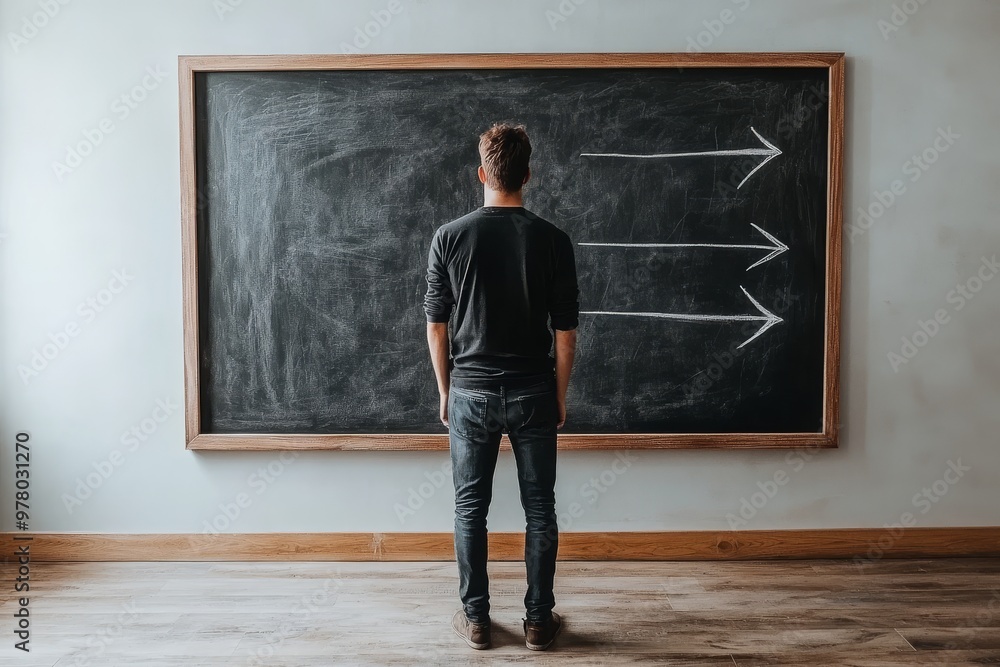 Poster person facing chalkboard with multiple arrow directions symbolizing decision making and pathways in 