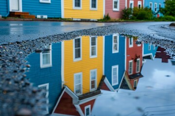 Fototapeta premium A puddle reflecting a row of colorful houses, their facades distorted and whimsical in the water's reflection