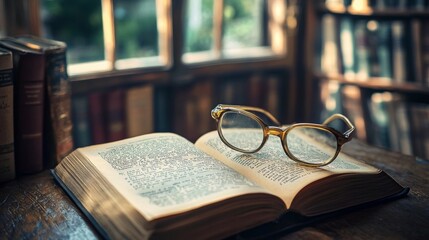 Vintage glasses on an open book in a cozy library