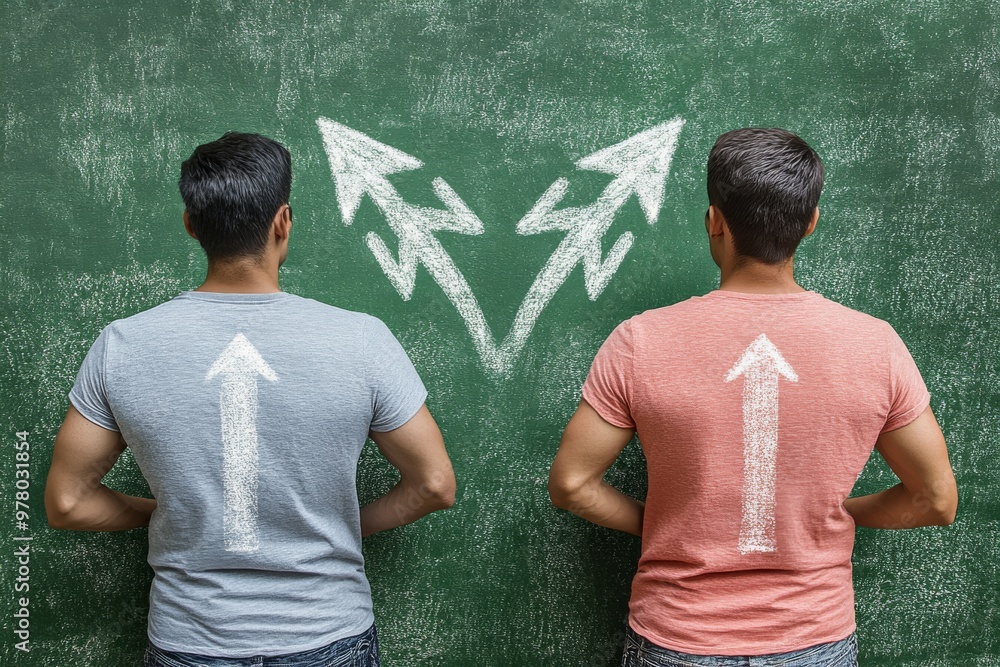 Poster two men wearing t shirts with arrows standing against chalkboard showing multiple arrows symbolizing