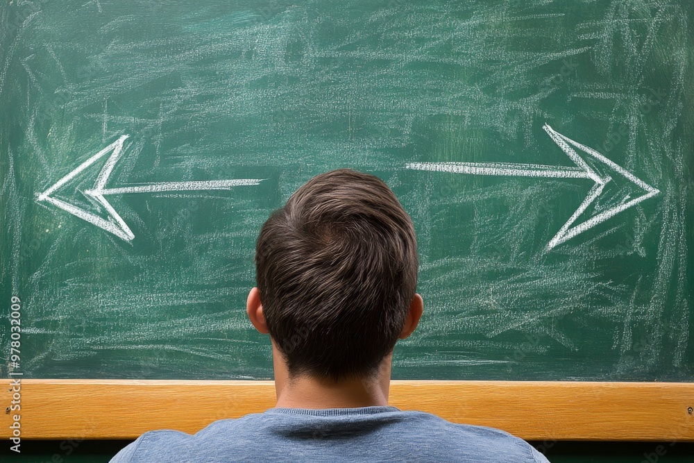 Poster single man facing chalkboard with diagonal arrow visualizing goal direction clarity of purpose and p