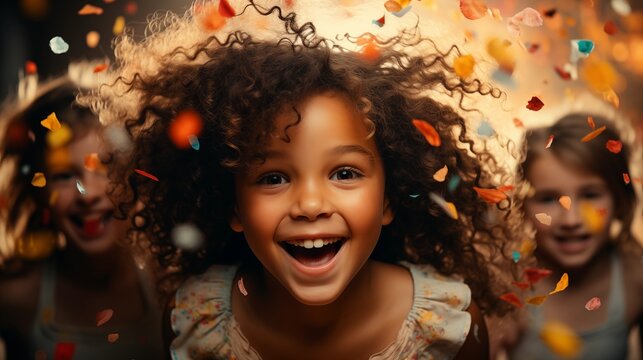 Group of Children Friends. Happy multicultural kids having fun celebrating birthday party together with confetti. Children's birthday concept.