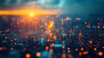 Obraz premium Blurred city skyline with glowing lights and bokeh effect at sunset