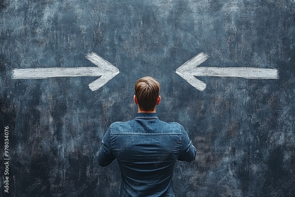 Poster man standing before chalkboard with leftward pointing arrow contemplating a decisive step in his car