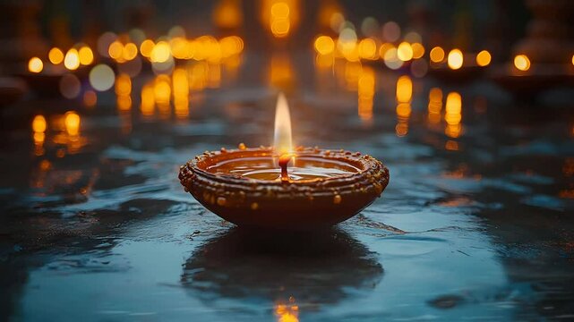 traditional oil lamp, a clay diya candle, is glowing in celebration of Diwali, a Hindu festival of lights, set against bokeh background