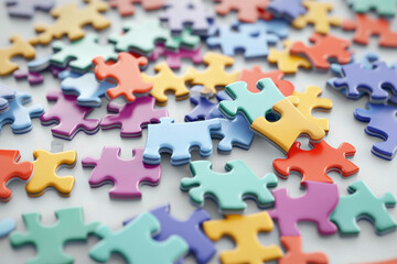Obraz premium Colorful jigsaw puzzles scattered across the surface reveal interlocking shapes. This puzzle set invites fun and challenge, combining creativity.