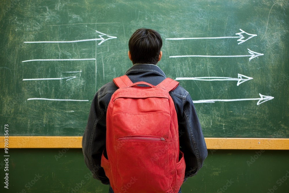 Poster student with red backpack standing before chalkboard with arrows pointing forward contemplating futu