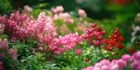 Obraz premium Secret Garden of Hearts: A lush, green garden filled with pink and red flowers, symbolizing love in every bloom.