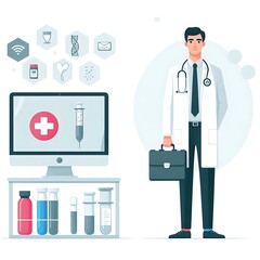 A flat-style illustration of a doctor standing confidently in medical attire. Perfect for healthcare, medical services, and wellness content. Clean, minimalistic design with a professional look.