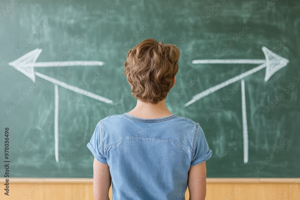 Poster individual facing large blackboard with arrows pointing in different directions contemplating multip