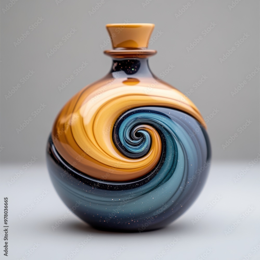 Poster A vase with swirls on top of a gray table, AI