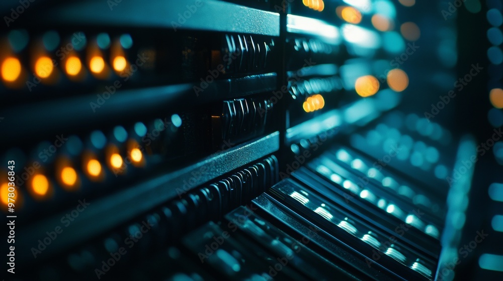 Poster close-up of illuminated server racks in a data center