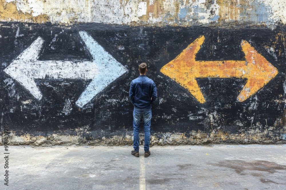 Aufkleber person standing before a graffiti covered wall with arrows pointing in opposite directions symbolizi