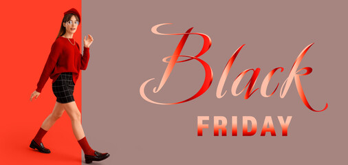 Fashionable young woman in red clothes walking on color background