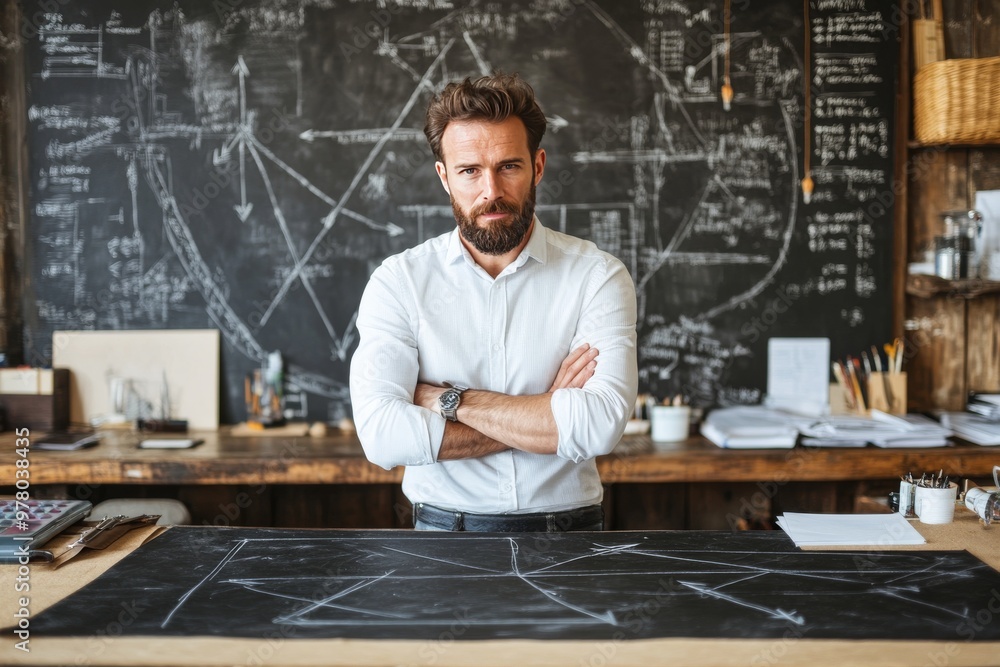 Poster man standing confidently in front of a complex chalkboard full of formulas arrows and graphs symboli