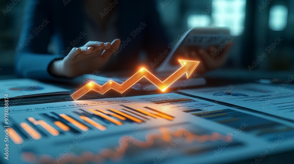 Wall mural Business Achieve Success Goal Desk filled with financial reports, a glowing success arrow, and hands calculating profit growth, no face, 3D illustration