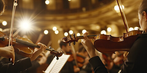 Fototapeta premium An orchestra rehearsing in a grand hall, their instruments gleaming under soft spotlights.