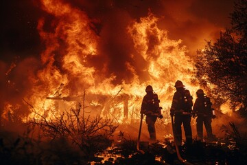 Fototapeta premium Heroic Firefighters Battling Raging Wildfire in Burning Forest Landscape
