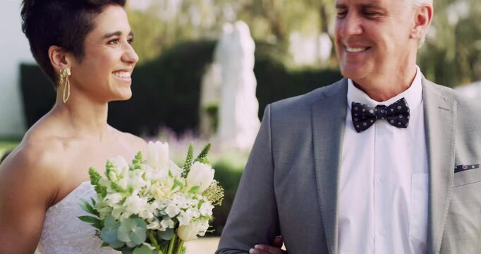 Wedding, father and daughter with happy for walking, support and bouquet at event or ceremony outdoor. Family, man and bride with smile, kiss and celebration for marriage, milestone or commitment