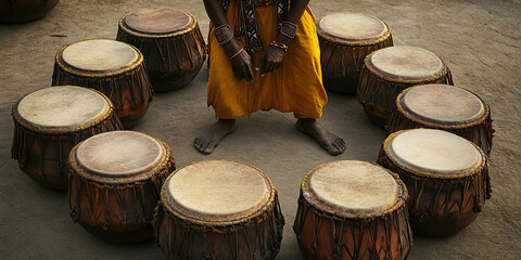 Rhythmic Roots: Tribal drums arranged in a circle, with a dancer moving gracefully around them.