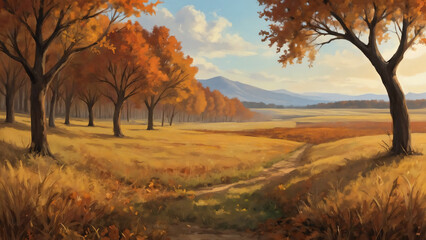Fototapeta premium Autumn colors - Painting depicting a full nature open field with yellow trees and fallen leaves in autumn season in a sunny day