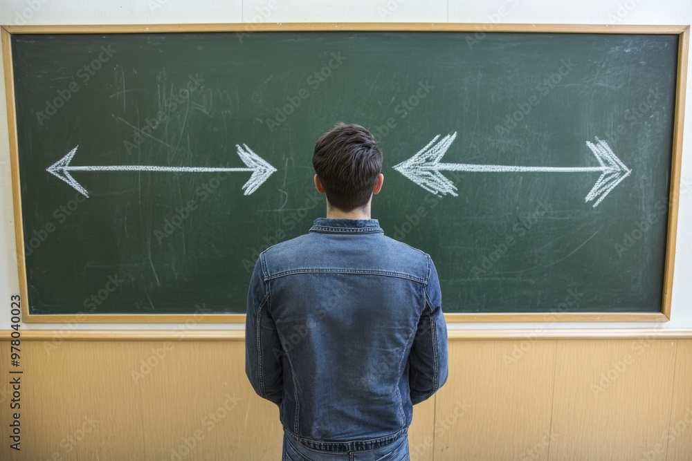 Poster man in denim jacket standing in front of a chalkboard with arrows pointing in opposite directions sy