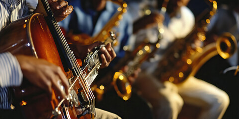 Jazz Jamboree: Musicians jamming together informally, their instruments almost tangled in a warm embrace.
