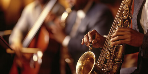 Obraz premium Jazz Jamboree: Musicians jamming together informally, their instruments almost tangled in a warm embrace.