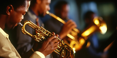 Obraz premium Jazz Jamboree: Musicians jamming together informally, their instruments almost tangled in a warm embrace.