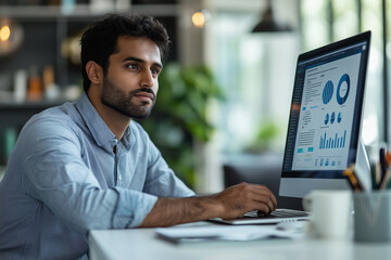 Focused Businessman Analyzing Data on Computer Screen
